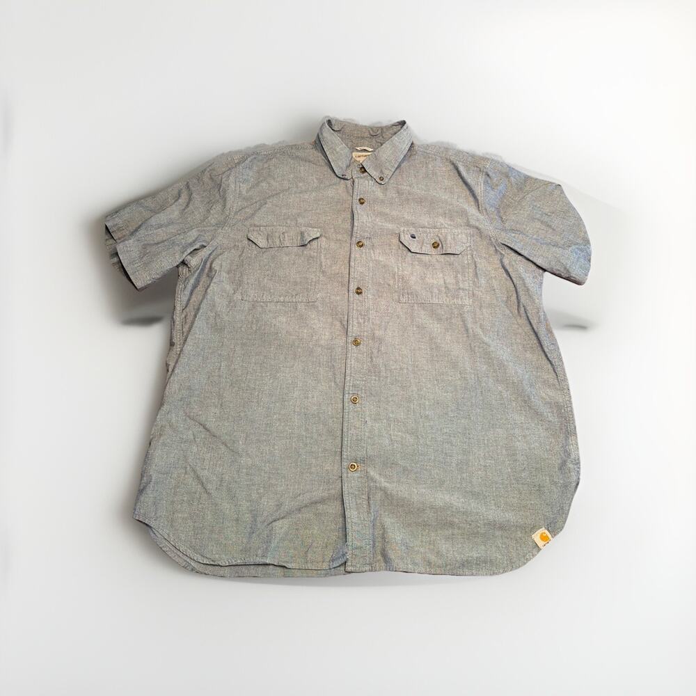 Carhartt Men's 2XL Blue Chambray Cotton Short Sleeve Loose Button-Up